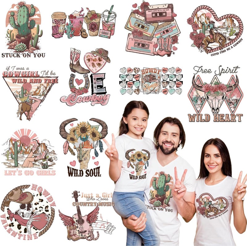 NANZHOO 12 Sheets Valentine's Day DTF Transfers Ready to Press, Western Cowgirl Cowboy Iron on Transfers for T-Shirts Heat Transfer Vinyl, Iron on Decals Transfers Stickers for Clothes Bag Pillow Crafts - Image 1